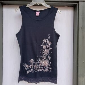 Y2K Angels Plus NWT Black Ribbed Tank Top 2X Floral w/ Sequins Glitter Lace Trim
